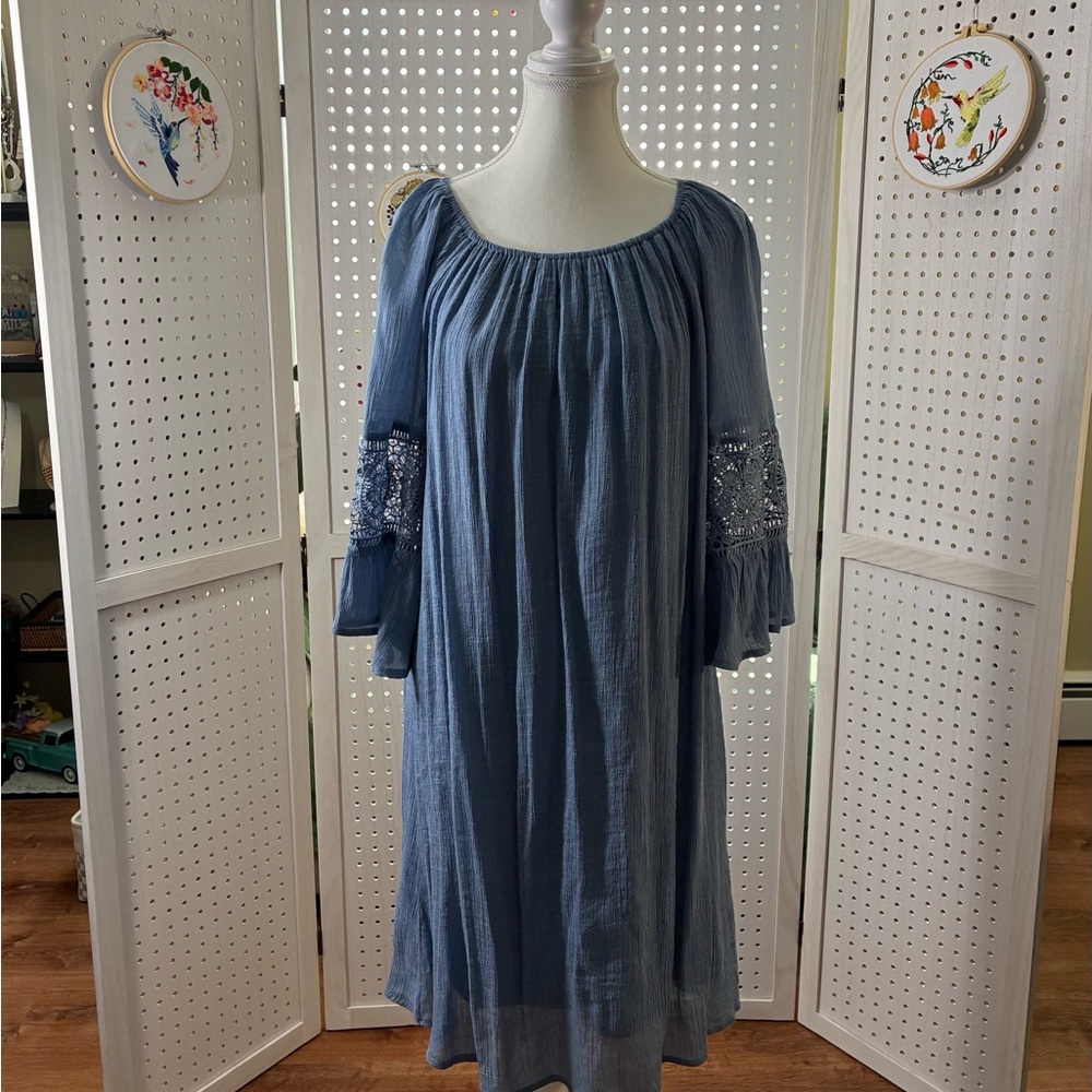 Chic Long Sleeve Blue Dress with Embroidered Details.